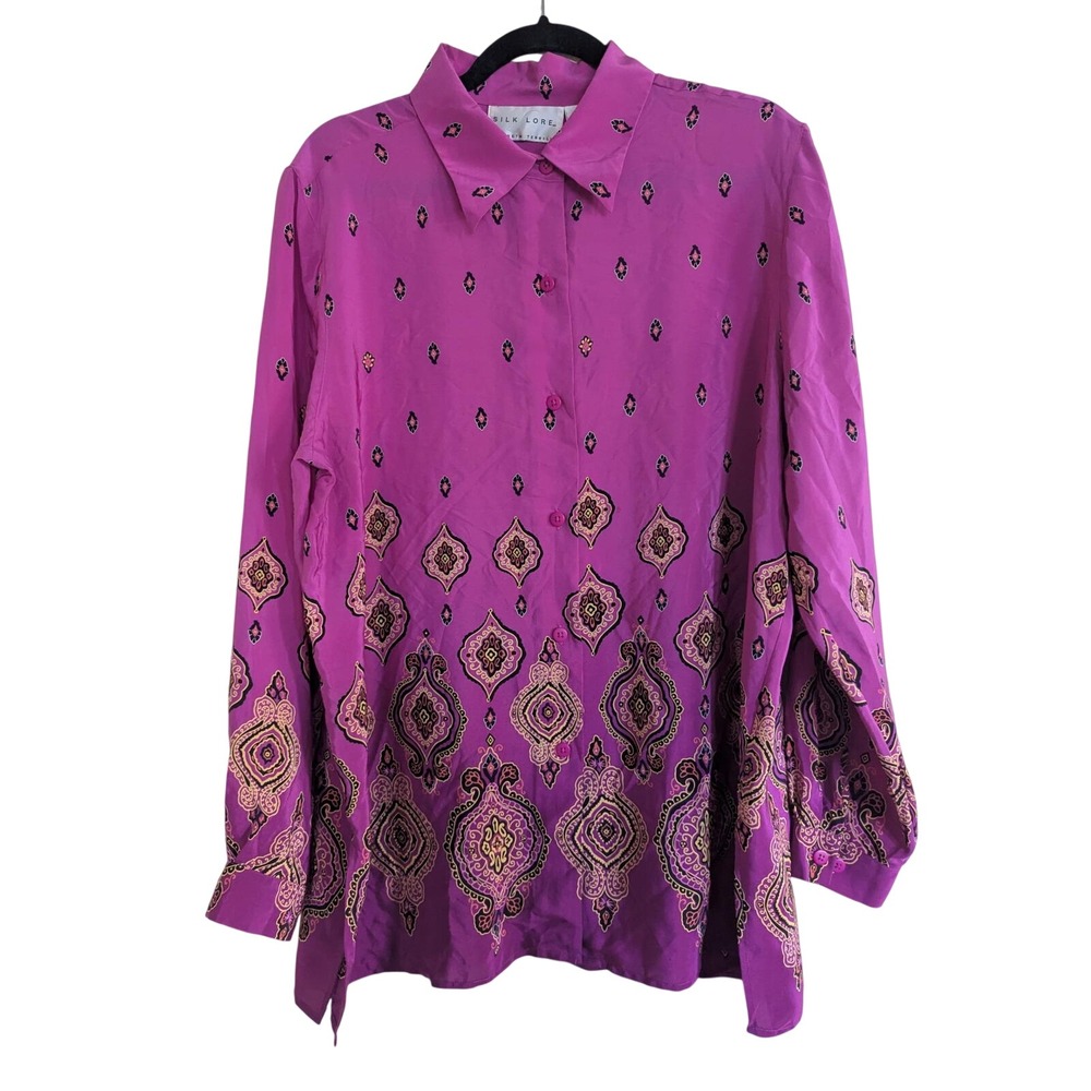 Lg Silk Lore Beth Terrell Magenta Medallion Button Blouse Boho Lagenlook